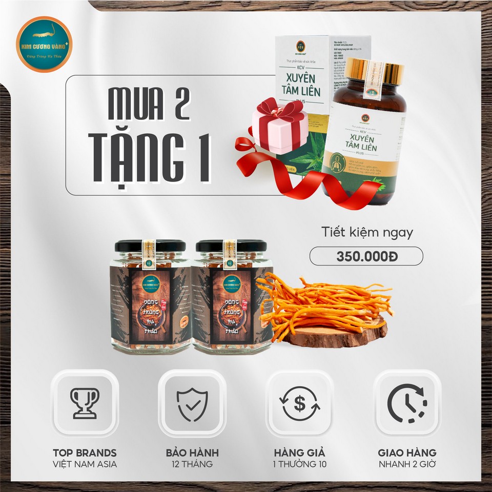 Combo 2 Đông trùng hạ thảo khô Kim Cương Vàng tặng 1 xuyên tâm liên